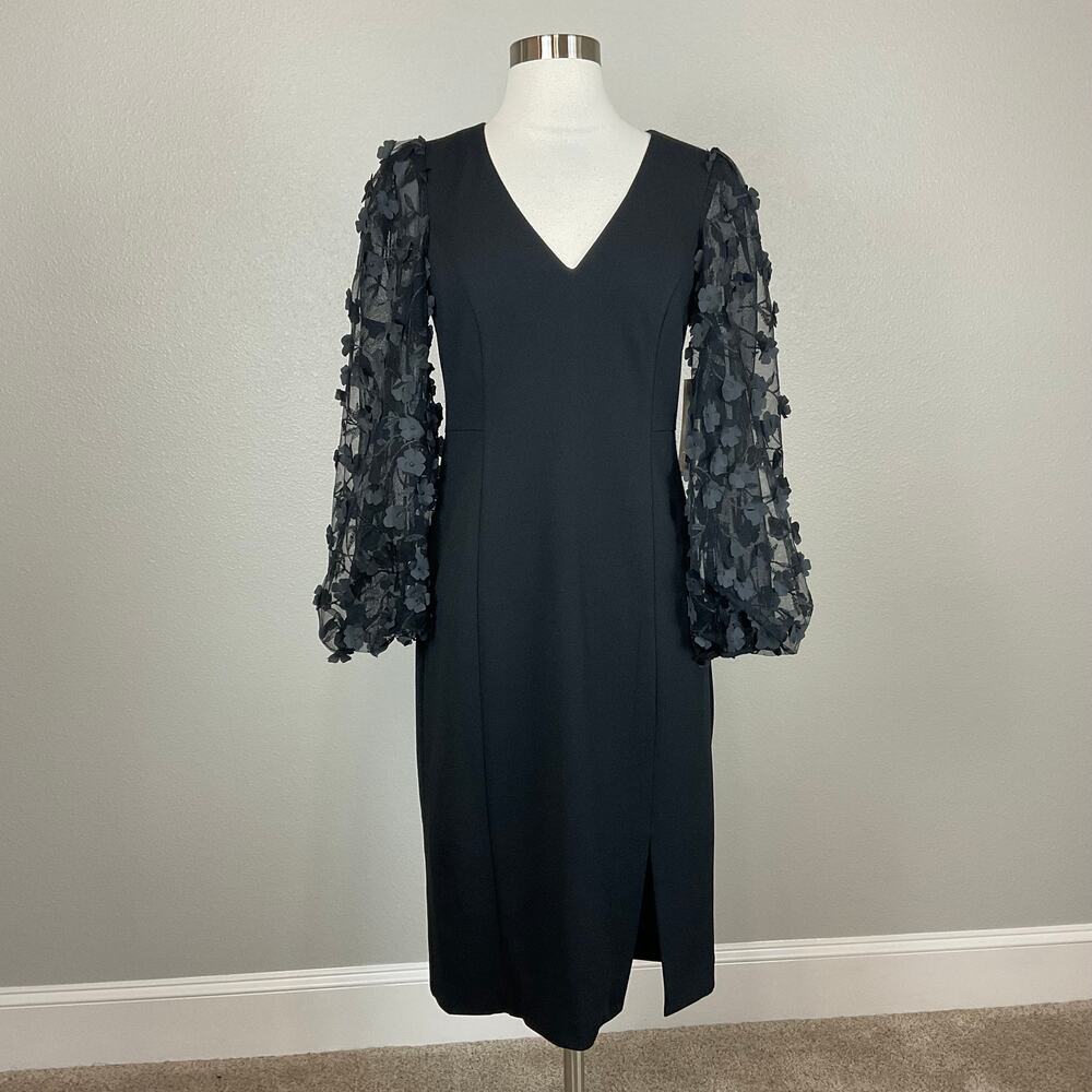 Eliza J Black Cocktail Dress Embroidered Floral Long Sleeve Midi Sheath Size 6 - Picture 2 of 13